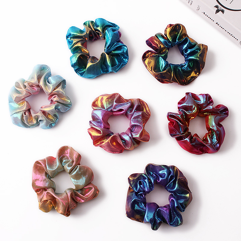 Qiyue Cross-border European and American metal rainbow gradient color fabric hair band Laser gilding two-color large intestine circle headpiece details Picture