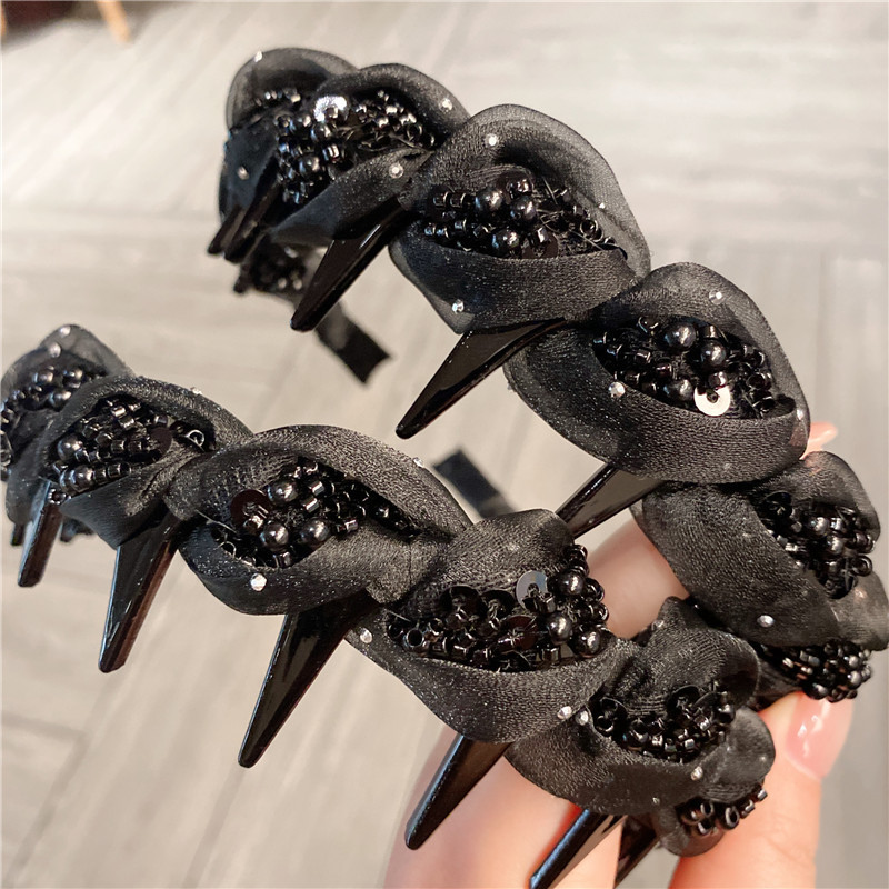 Light luxury black beaded hairband for women, 2025 new style, high skull top with teeth, inverted comb hairband, face wash hairpin Specification drawing