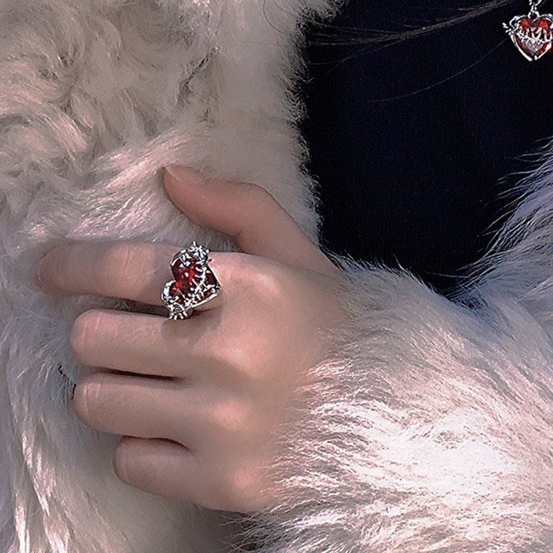 ins Cold style red heart-shaped zircon thorny open ring for women's niche design, high-end and personalized food ring details Picture
