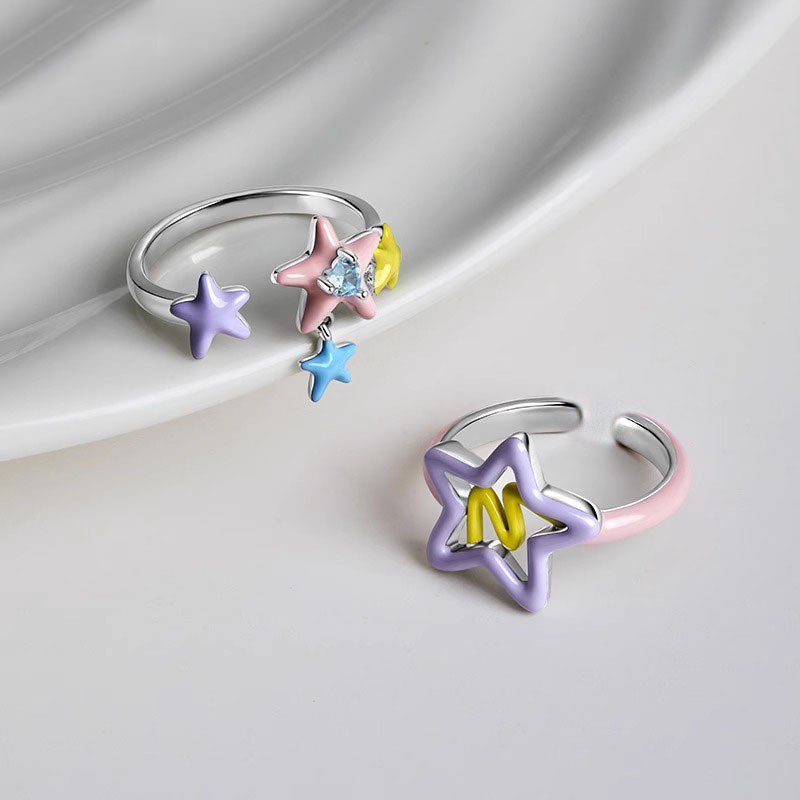 Graffiti five-pointed star, colored glazed star opening ring, a niche design for women, dopamine, fashionable and personalized index finger ring full figure