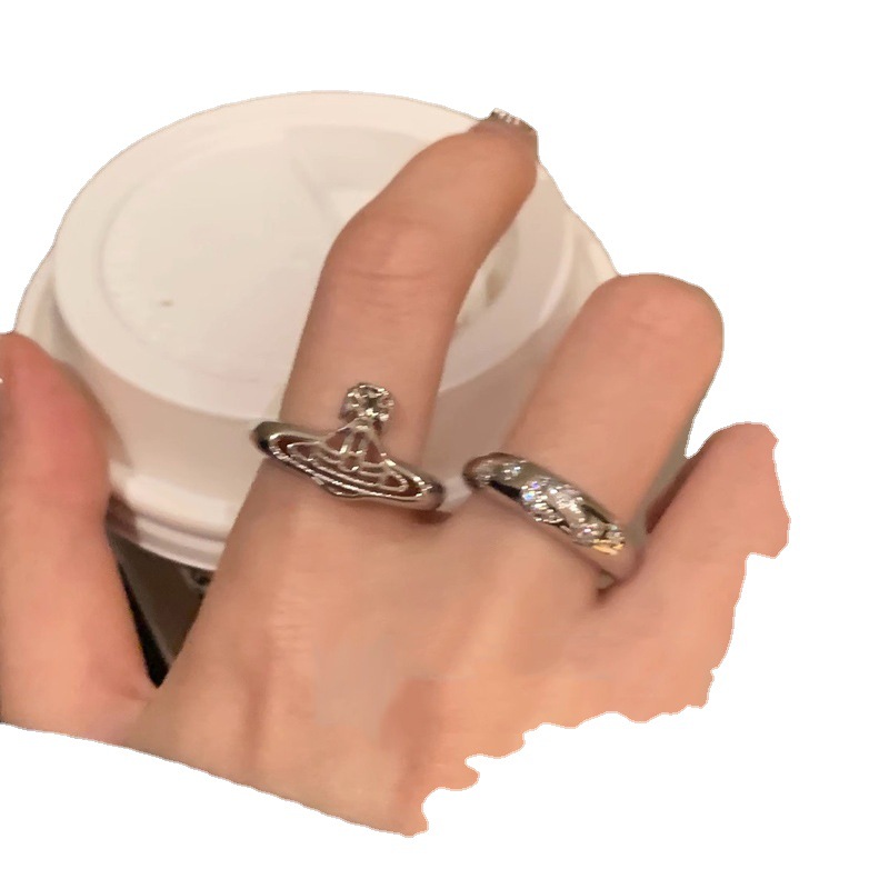Retro and simple Western-style queen Saturn hollowed-out cross Moon Zircon stacked ring women's ins high-end ring Item Picture