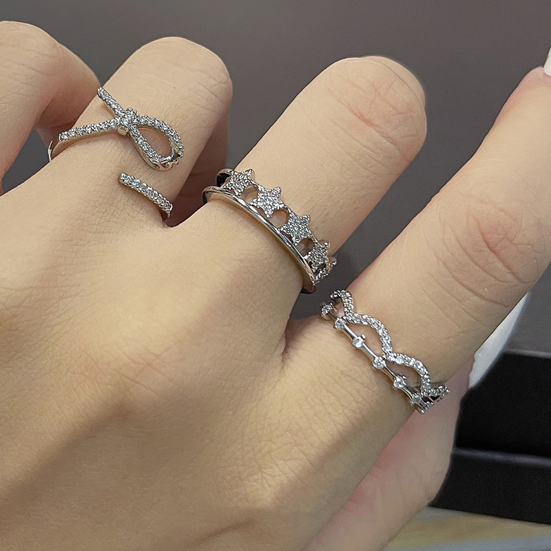 French-style small, light luxury and high-end open ring for women, simple and niche bow double wave star ring details Picture
