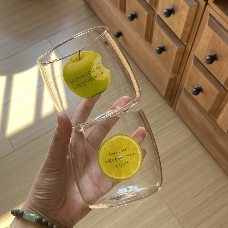 Korean ins natural style green apple lemon glass water cup, fresh and heat-resistant juice cup, simple and artistic milk cup full figure