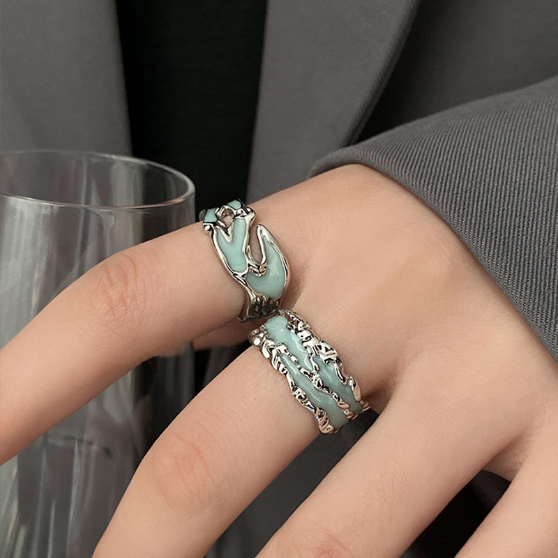 Mint-colored drip glaze irregular texture open ring for women's ins, cold style, niche design, high-end feel ring full figure