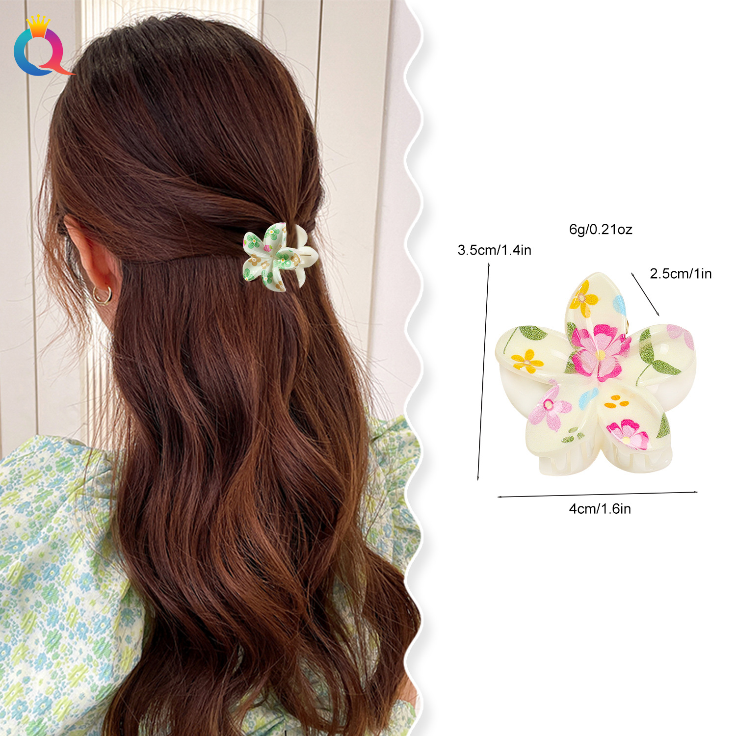 Qiyue Cross-border Small UV printed fresh and clean frellia flower clip, cute ponytail flower hair clip and hair accessory wholesale for women Specification drawing