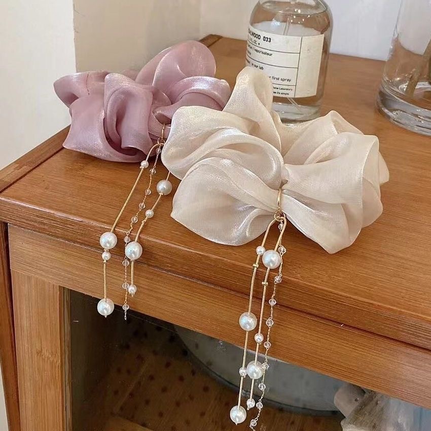 Pearl tassel large intestine hair band, Korean high-end style, women's ponytail hair tie, hair tie, popular rubber band ponytail, French style Specification drawing