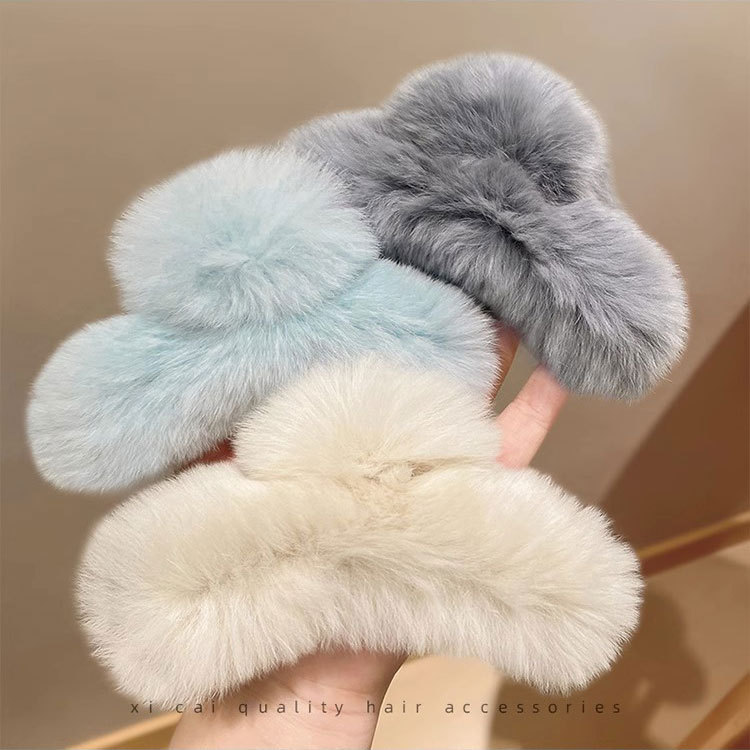 New Korean genuine rex rabbit hair clips, women's retro oversized hair clips, shark clips, high-end plush updo hair clips full figure