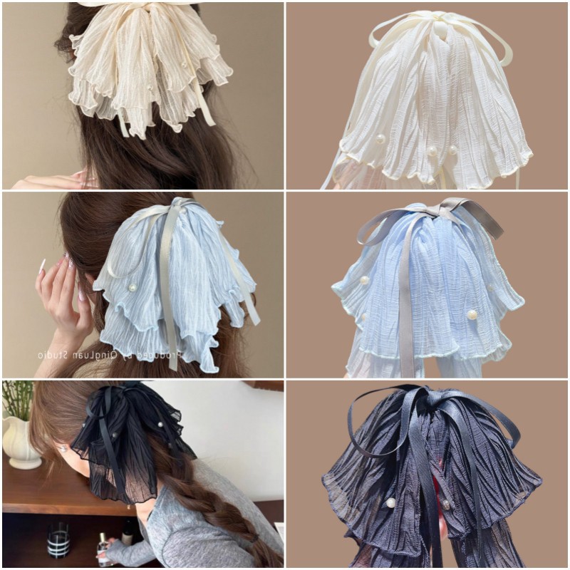 Korean sea salt blue daily mesh silk ribbon bow ponytail grab with pearl embellishment, high skull top fixed hairpin for a woman full figure