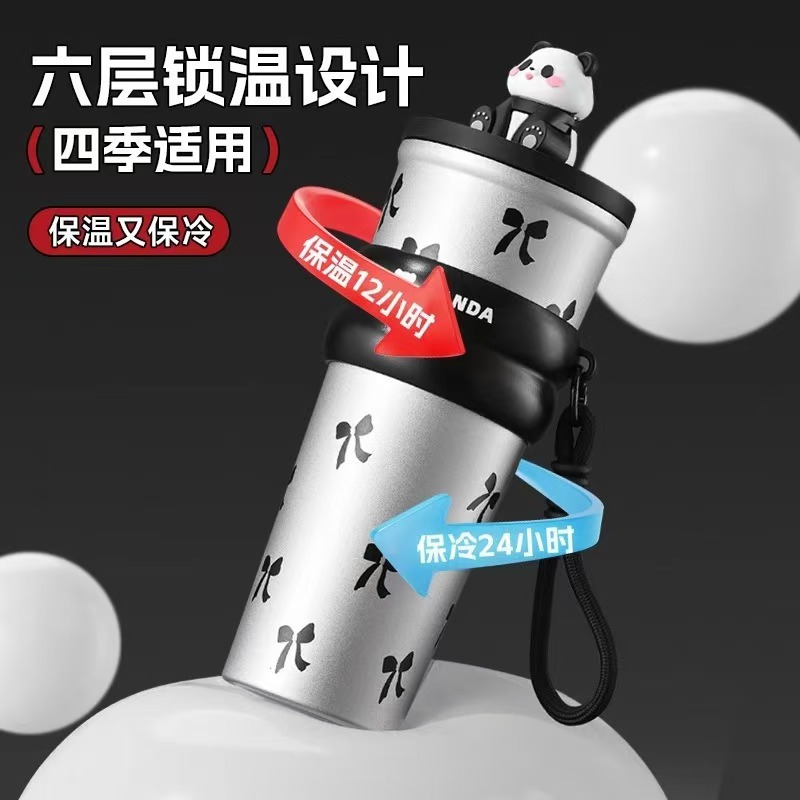 High-appearance-level large-capacity insulated cup, cute little panda car water cup, dust-proof straw cup, heat and cold preservation ice cup Specification drawing