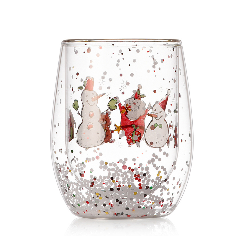 New high borosilicate double-layer insulated glass cup with Christmas cartoon pattern and sequined water cup, high-temperature resistant gift customization Item Picture