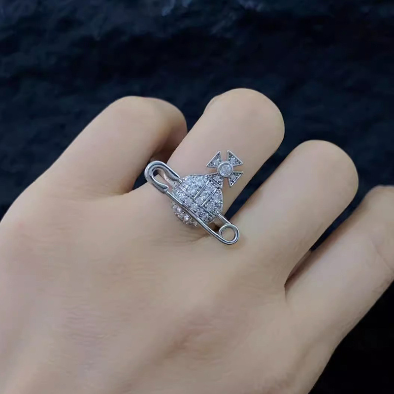 A high-end, all-diamond planet Saturn pin ring with a unique design for women, an open ring, and a light luxury index finger ring details Picture