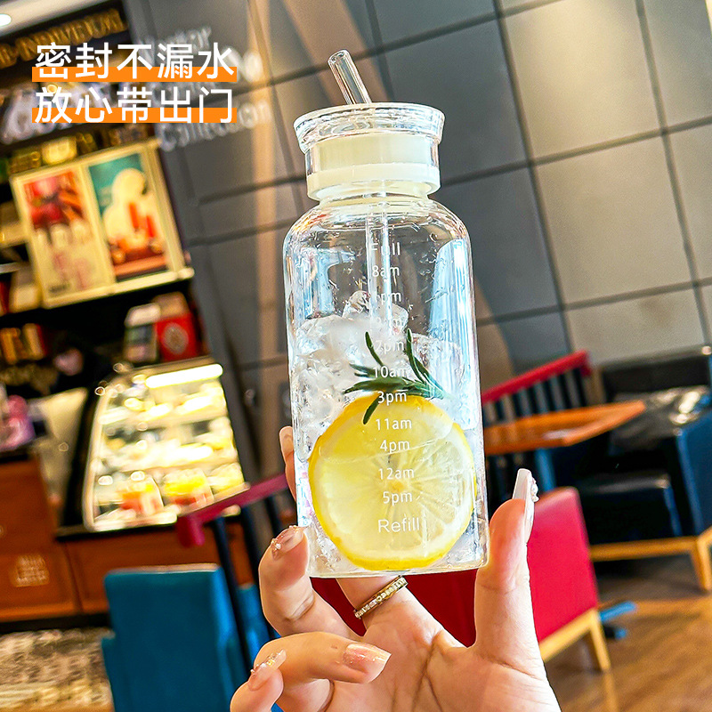 Wholesale of large-capacity graduated glass water cups, high-temperature resistant straws, double-lid fruit tea cups, outdoor couple milk cups for tea brewing details Picture