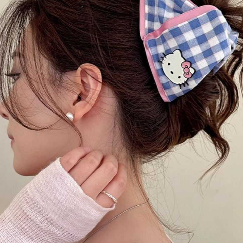 hellokitty hairpin red and blue checkered scratch-off clip for women, cute cartoon kt cat hairpin shark clip Specification drawing