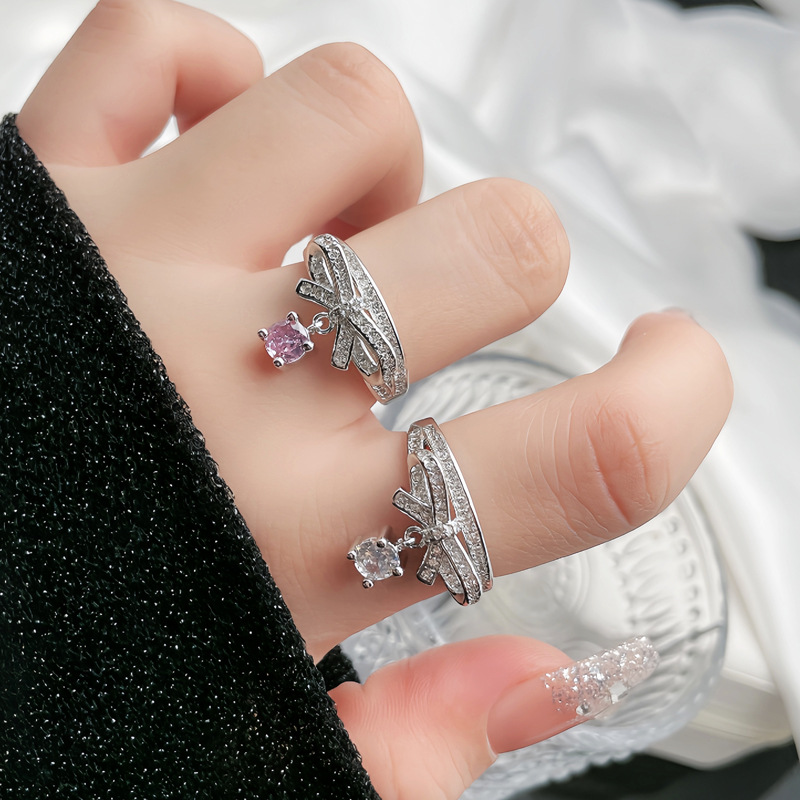 Korean sweet bow, pink diamond tassel, elegant open ring, women's niche design, fashionable and versatile ring accessory full figure