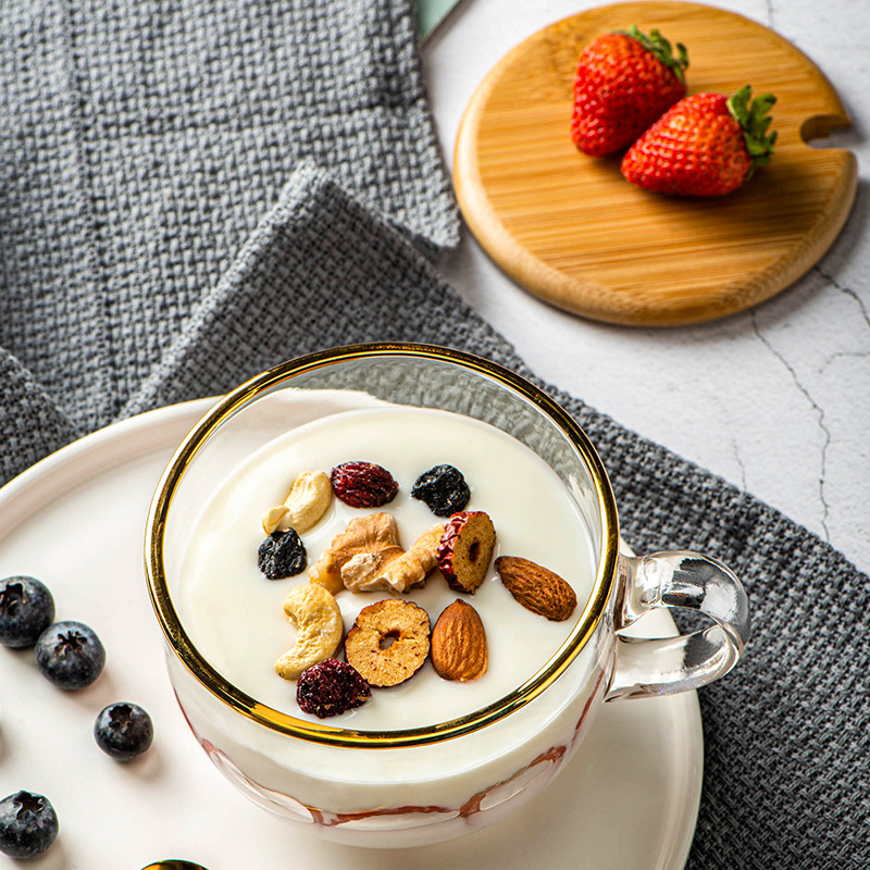 Glass cup, household large-capacity thickened milk cup with handle, high appearance level water cup, simple covered transparent cereal cup Specification drawing