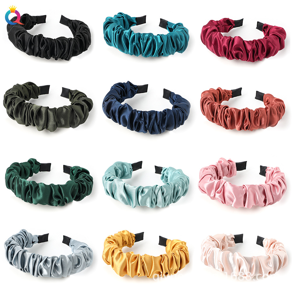 Qiyue Korean version new pleated simple satin headband solid color fashionable fabric compression hair band accessory wholesale full figure