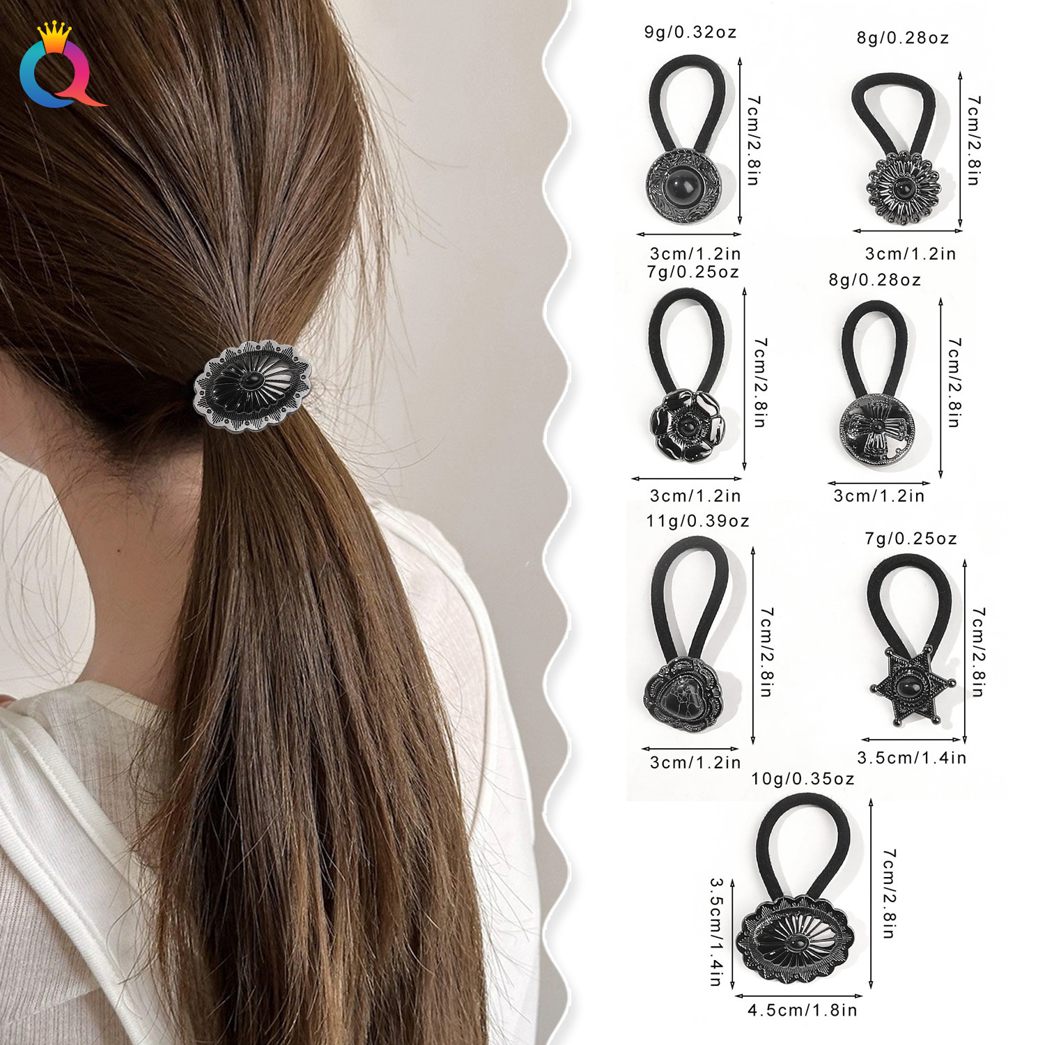 Qiyue Cross-border Metal button Hair tie, rubber band hair tie, girls' high school elastic French retro Hair tie, hair band and hair accessory wholesale details Picture