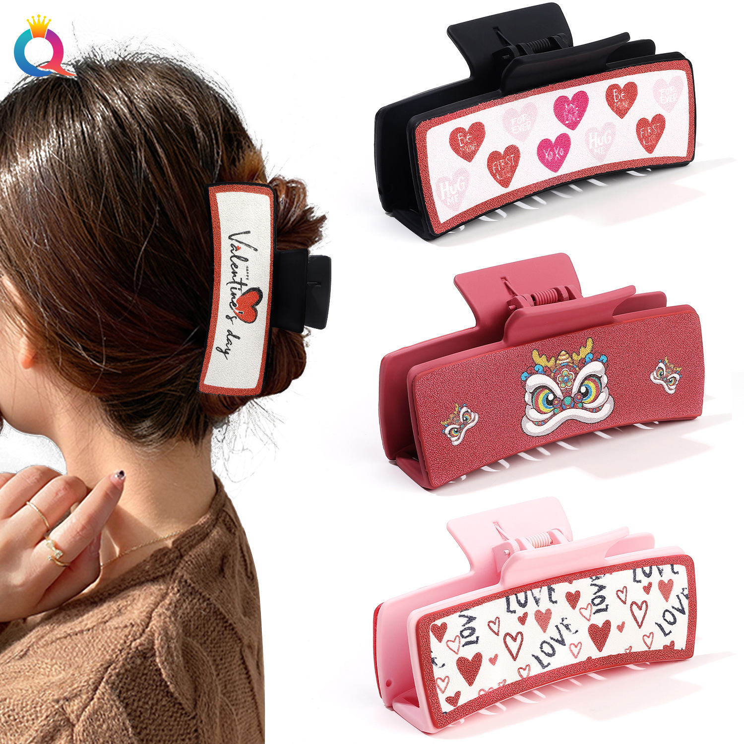 Qiyue Cross-border PU Shark Clip, Leather hair clip, Valentine's Day Amazon hair accessory, Pink clip, updo, hair clamp wholesale full figure