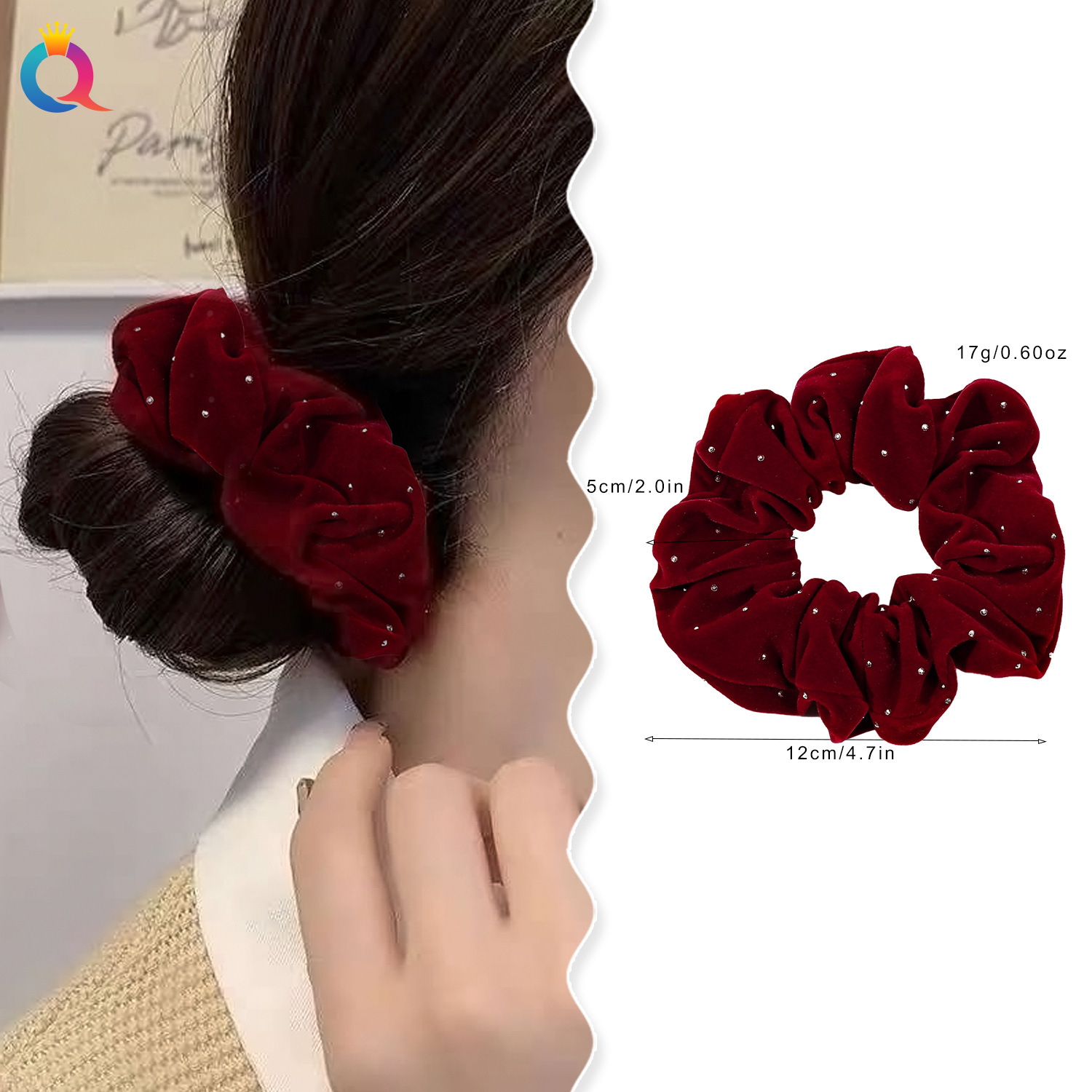 Qiyue Cross-border Velvet permed Diamond Large Intestine Hair Band, women's high-end hair tie, Large Intestine Hair band wholesale details Picture