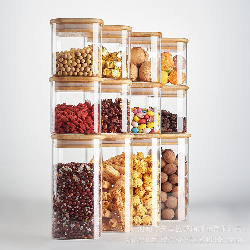 Square glass sealed jars with bamboo and wood LIDS, condiments, food, dried fruits storage jars, tea cans Specification drawing