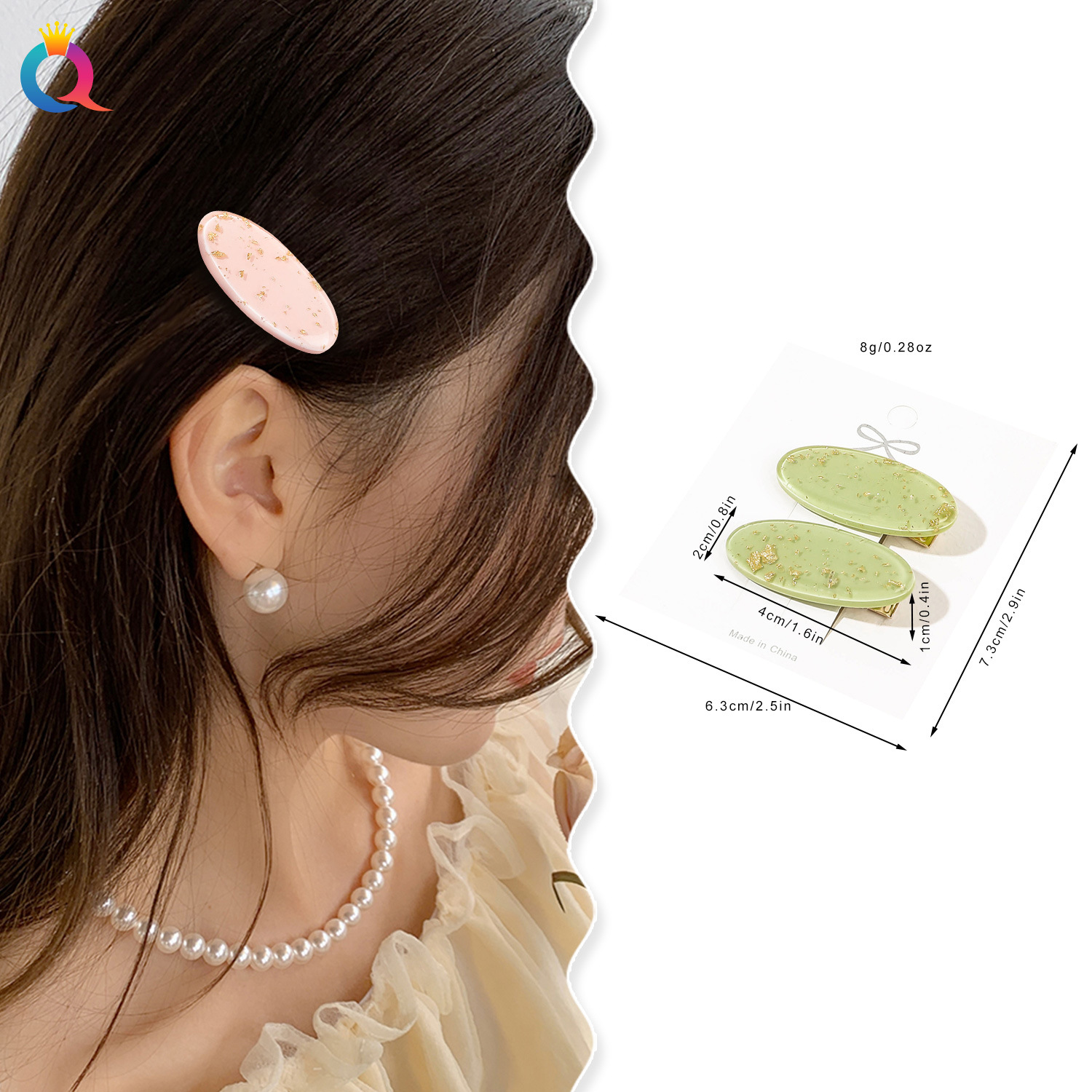 Wholesale of Qiyue acrylic bangs clips, oval and elegant duckbill clips, dopamine gold foil small hair clips, high-end hair accessories details Picture