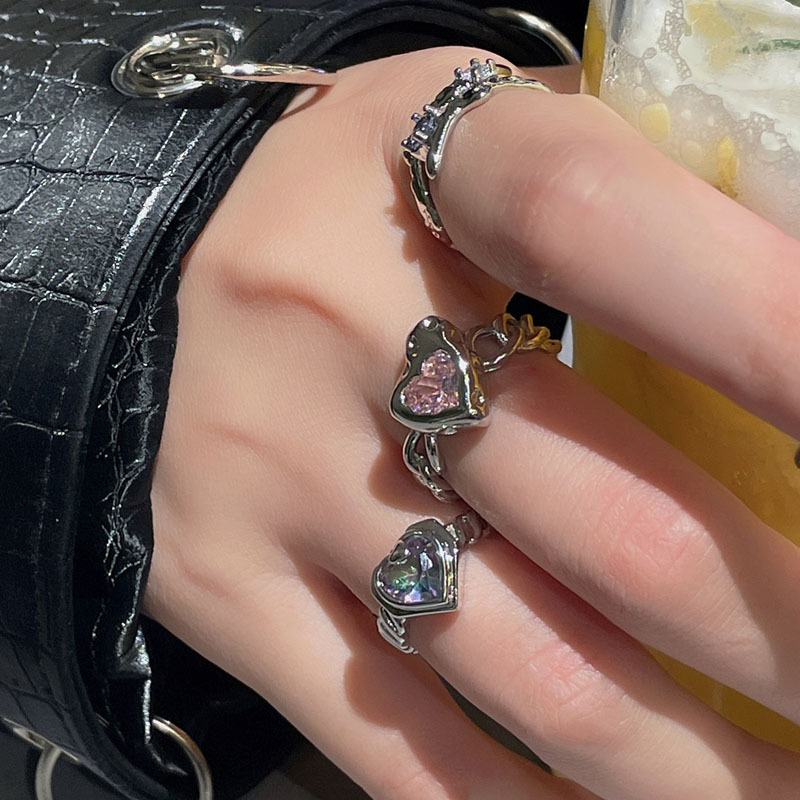 Irregular pink heart-shaped zircon design women's ring, tin foil ins cold style light luxury high-end ring Specification drawing