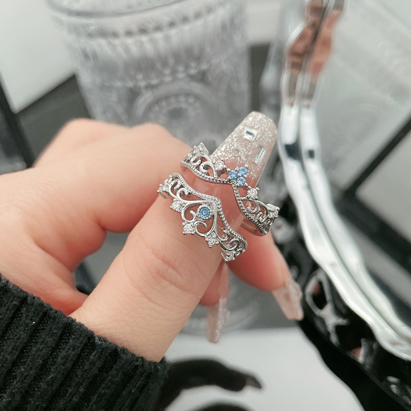 【 Diamond Secret 】 Exquisitely stacked sea blue zircon crown open ring, women's hollowed-out set ring, couple rings Specification drawing