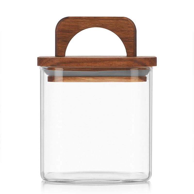High borosilicate square glass bottle, food-grade storage jar for dried tangerine peel and coffee beans, tea sealed storage with wooden lid, storage jar Item Picture