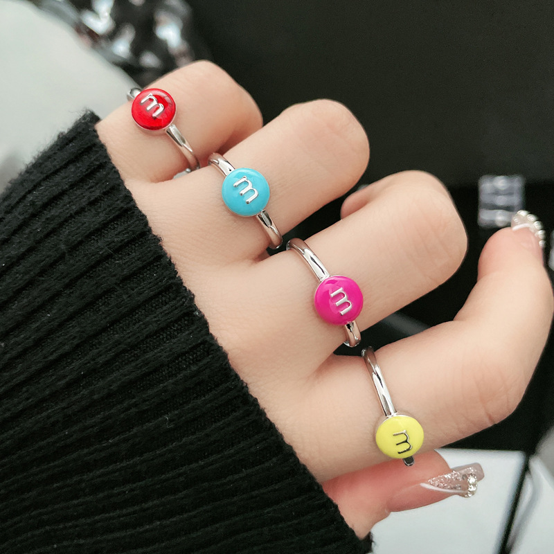 Letter candy-colored glazed M bean open ring, dopamine girl student personality and temperament simple and versatile ring full figure