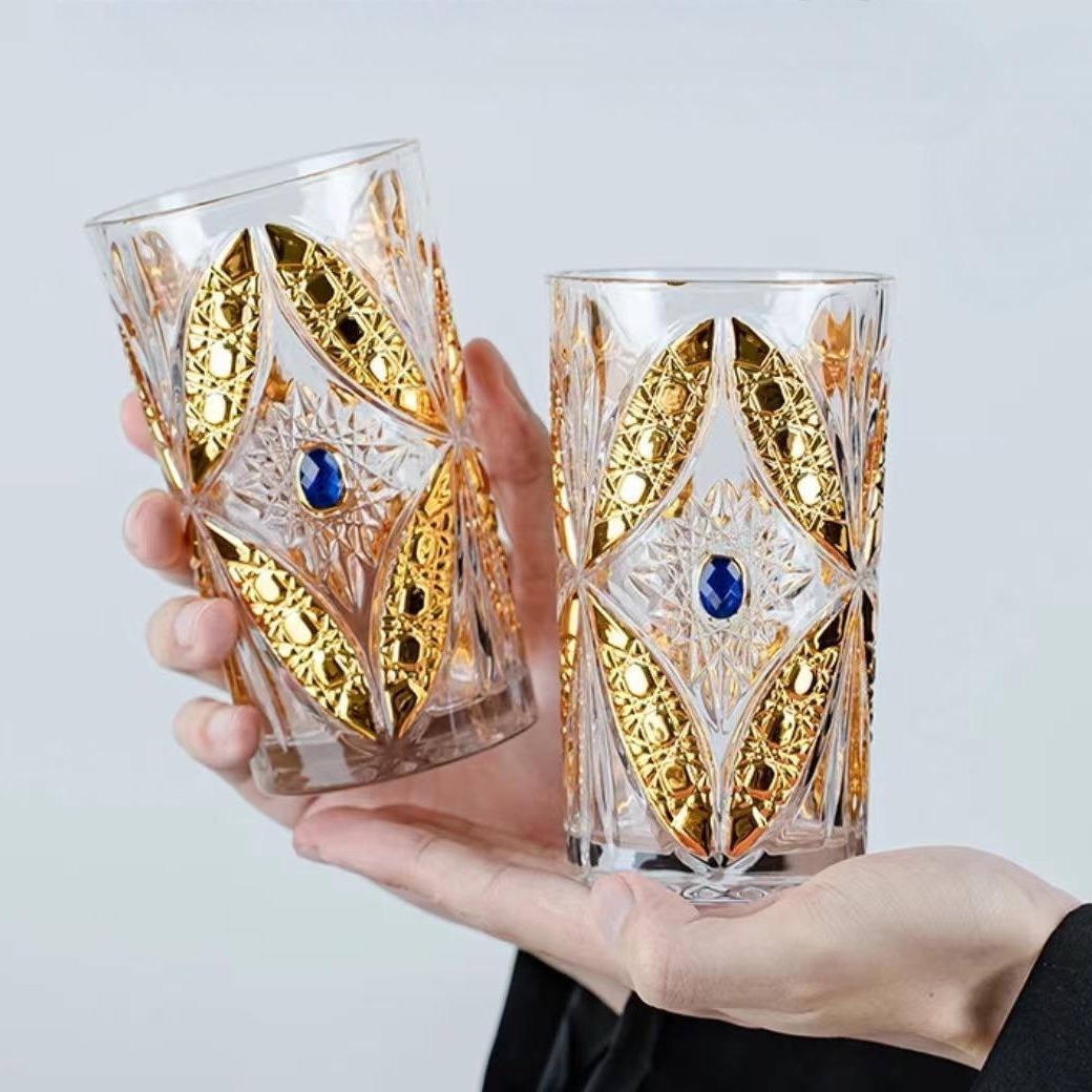 Crystal butterfly cup, high-end lead-free thickened glass cup, embossed water cup, retro cold drink, household golden juice cup full figure