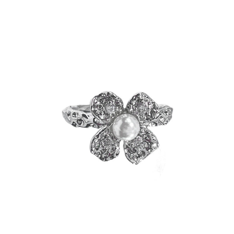 Sweet and cool style flower pearl open ring for women's fashion, exquisite and versatile personality ring, ins cold style index finger ring Item Picture