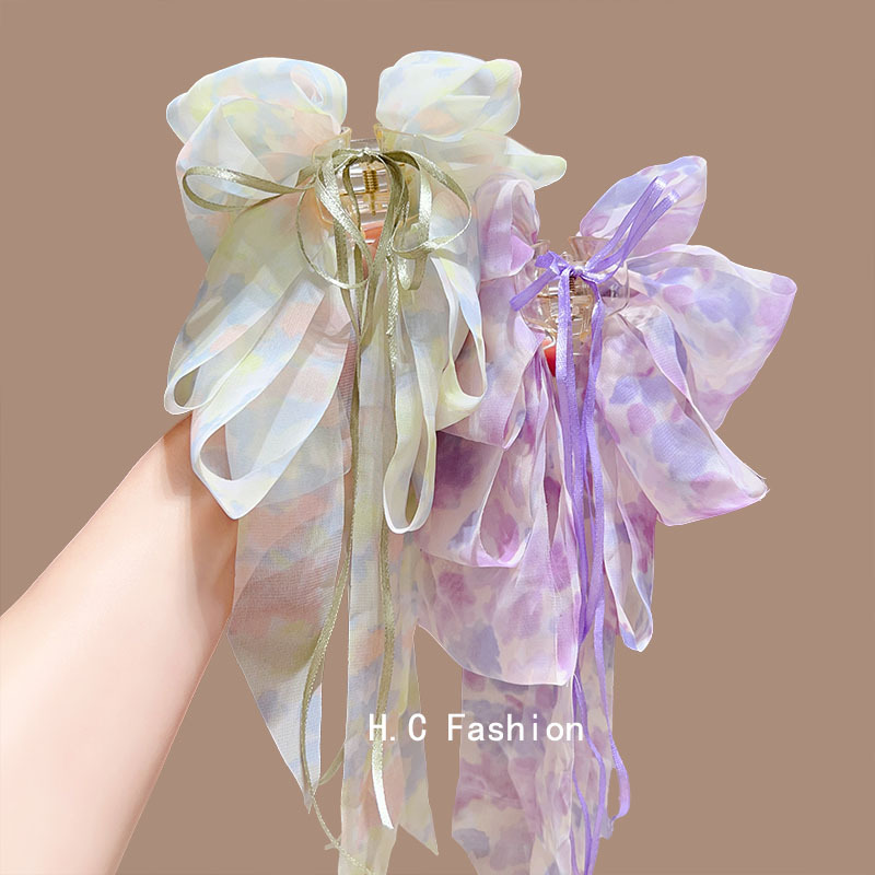 Pastoral style floral ribbon bow ponytail clip for women to show off hair volume, sweet semi-tied hair clip, elegant hair accessory Specification drawing