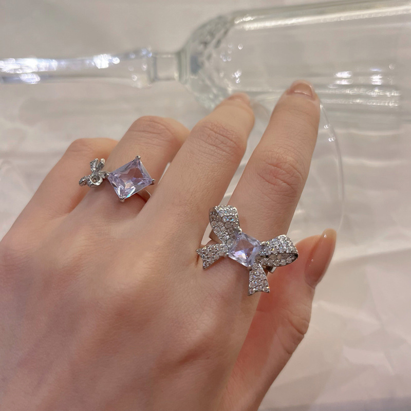 Sweet and cool bow, full diamond zirconia open ring, a niche design for women, with a cold style and a sense of high-end luxury details Picture