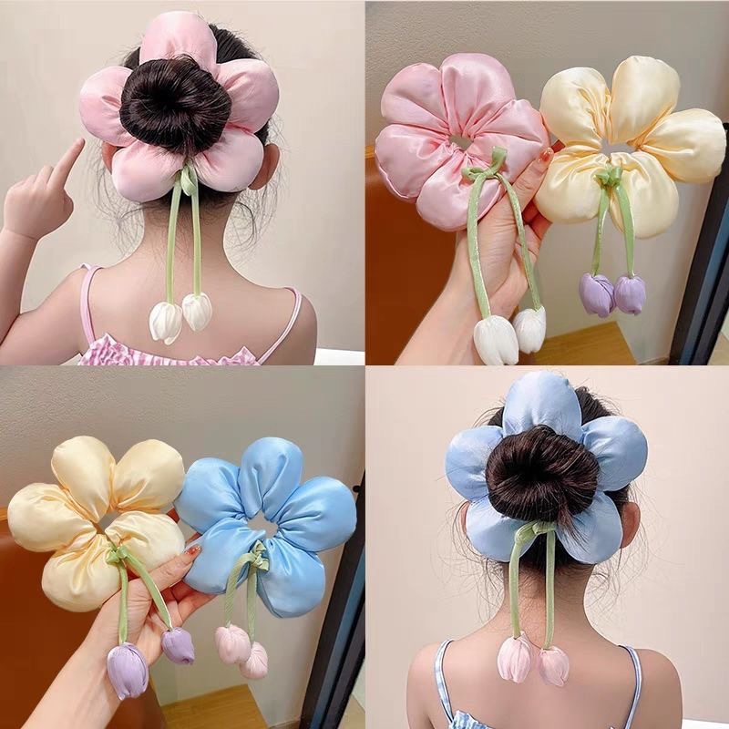 Children's flower-shaped large intestine hair band, little girl with a bun at the back of her head and a low ponytail headpiece, a high-end hair accessory for girls and princesses details Picture