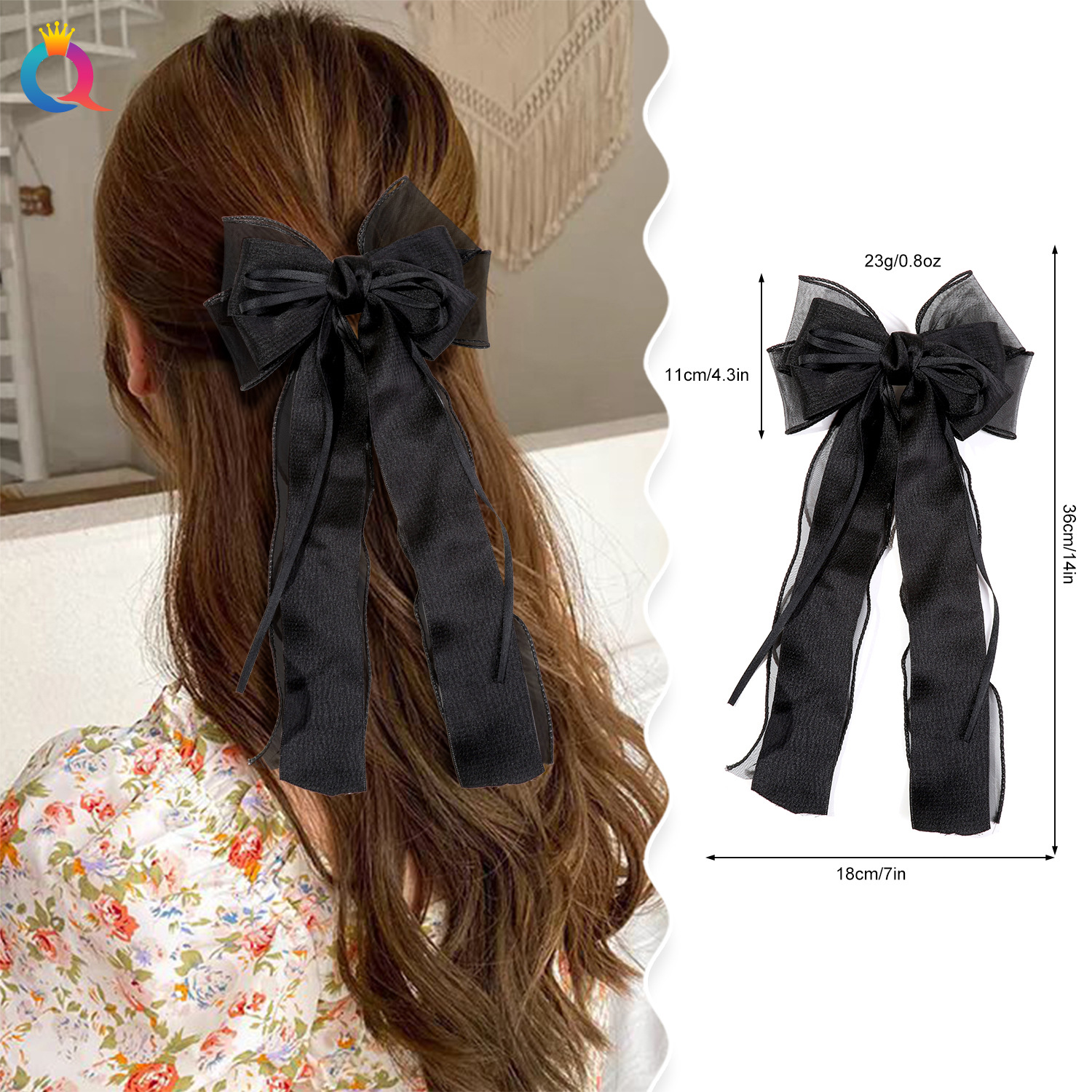 Qiyue Cross-border Net Yarn Bow Ribbon Hair Clip, Super fairy-like updo hair, back of the head spring clip hair accessory wholesale details Picture
