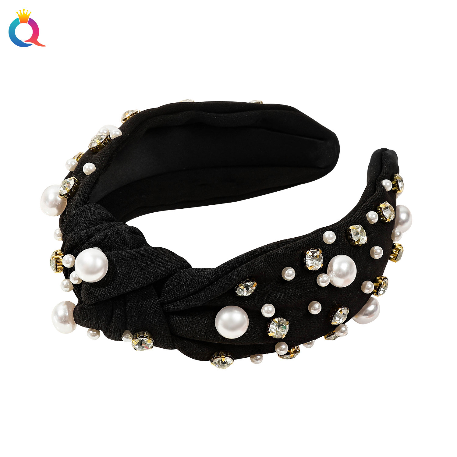 Qiyue Cross-border diamond-encrusted pearl hair Band for women, high-end and fashionable wide-edge pressure hair band, face wash hair hole hair accessory wholesale Item Picture