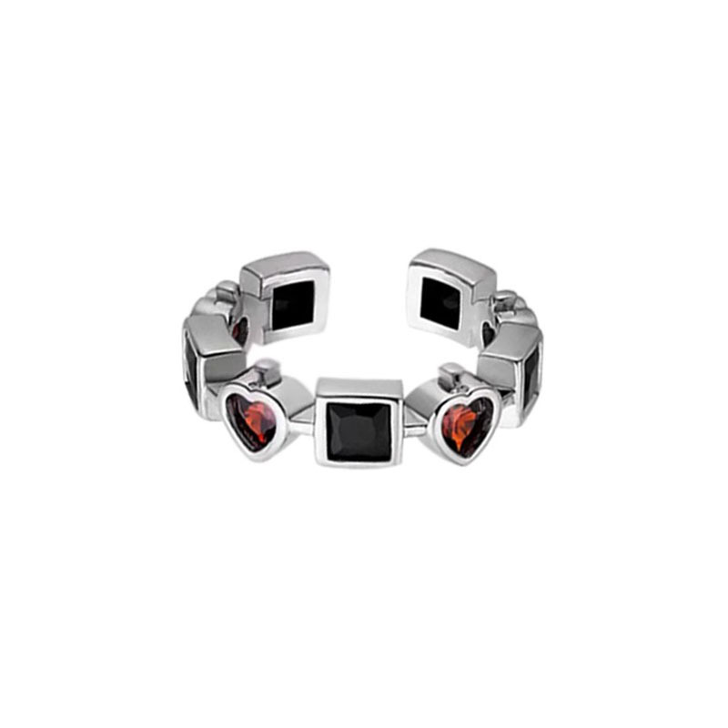 The black and red zircon design is unique and distinctive, with a light luxury, cool and high-end feel. It is a women's ring with an open decoration Item Picture