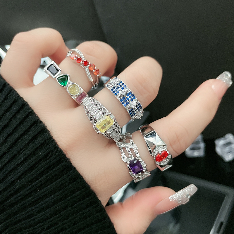 European and American light luxury colored gemstones, with a sense of high-end, individuality and versatility, open ring, fashionable, sweet and cool for women, ins cold style ring accessories full figure