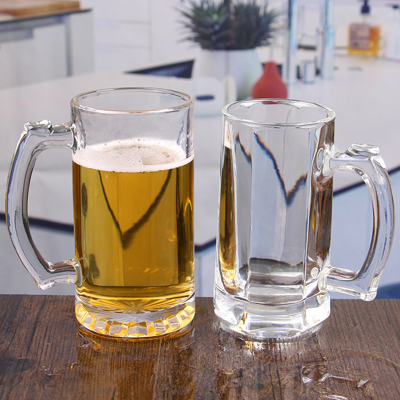 500ml transparent glass beer mug with handle, thickened handle, hotel, bar, commercial handle, LOGO printed full figure