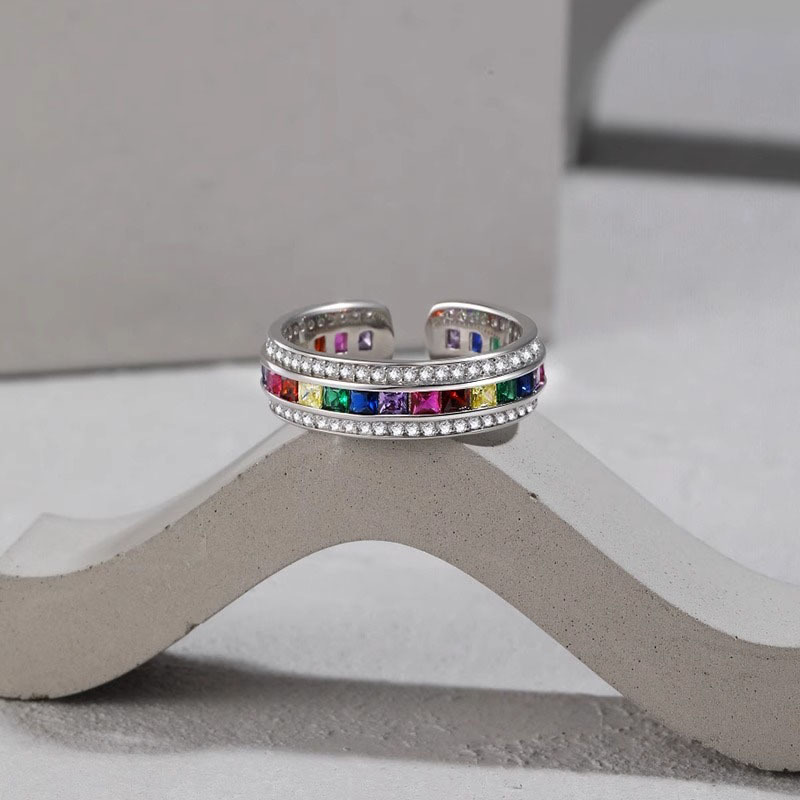 Sweet and cool rainbow zircon open ring for women, a light luxury and niche design, a high-end ins cold style fashionable and individual ring Specification drawing