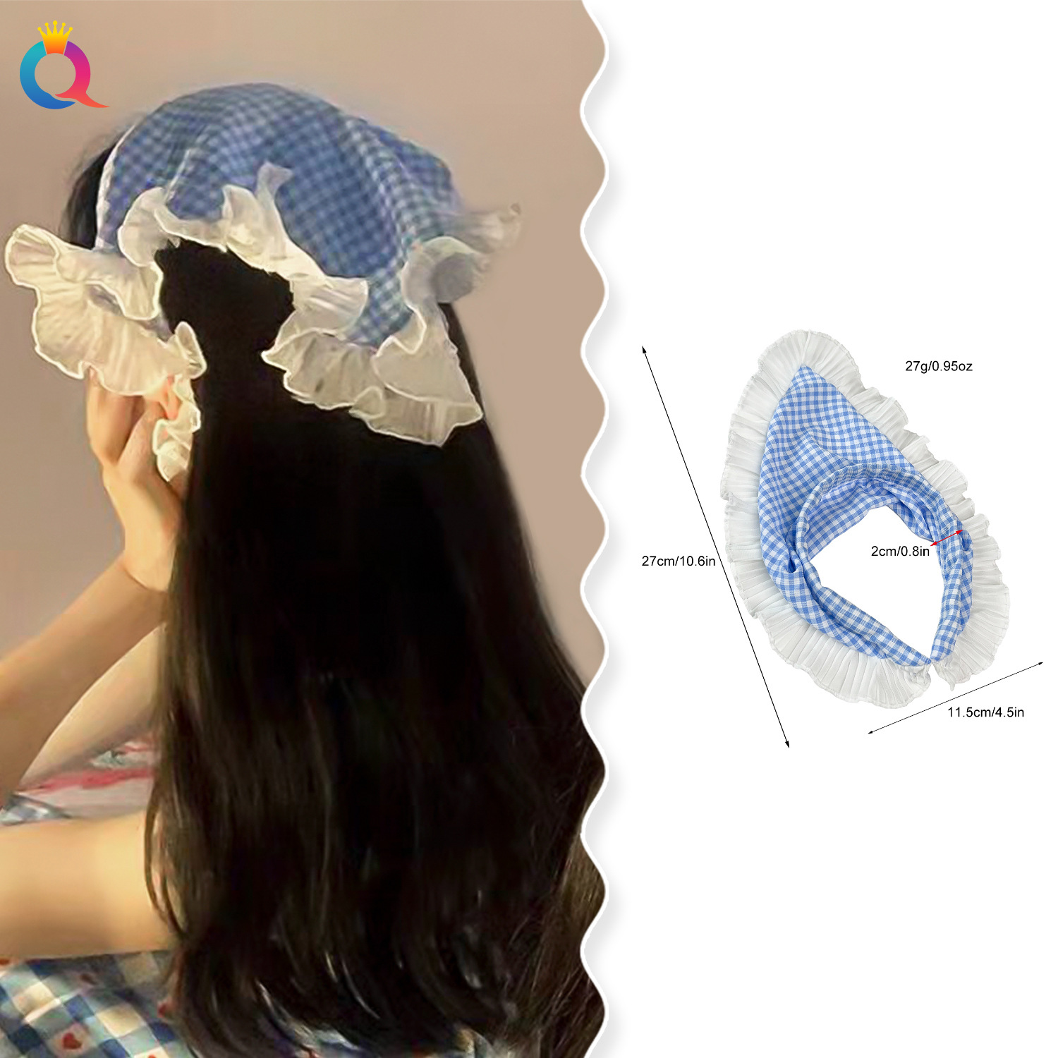 Wholesale of Qiyue Cross-border headscarves, hair bands, French checkered headbands, lace triangular headscarves, hair bundles and country-style hair bands details Picture