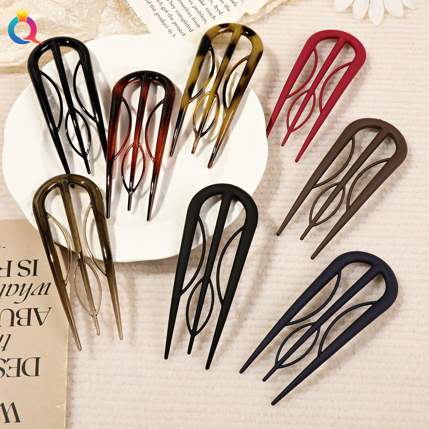 Qiyue PC High-end large branch U-shaped hairpin, ins double clip Hairpin, Women's bun bun Hairpin, hair accessory full figure