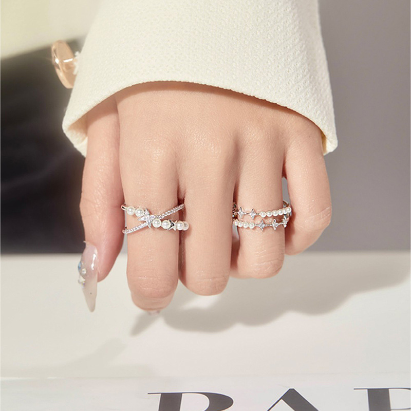 Exquisite diamond four-corner starlight pearl crossed double-layer open ring for women's Instagram personality gentle and elegant food ring full figure