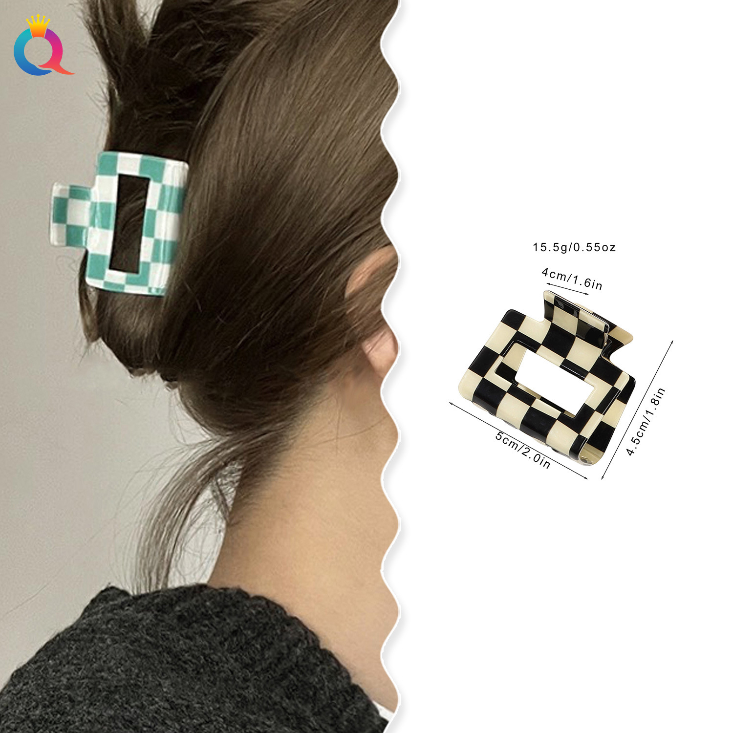 Qiyue small square hair clip, PVC color-blocked grid grab clip, high-end semi-tied hair shark clip, Yiwu accessories wholesale details Picture