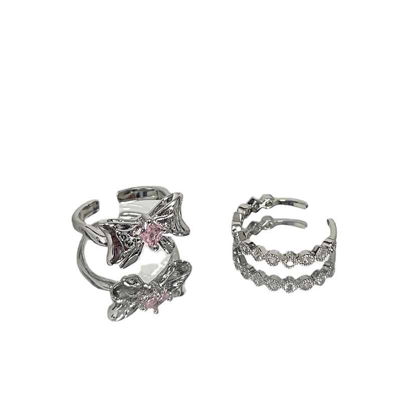 Sweet and cool style, girlish pink diamond zircon bow open ring, a cold and cool style, niche and elegant food ring for women on Instagram Item Picture