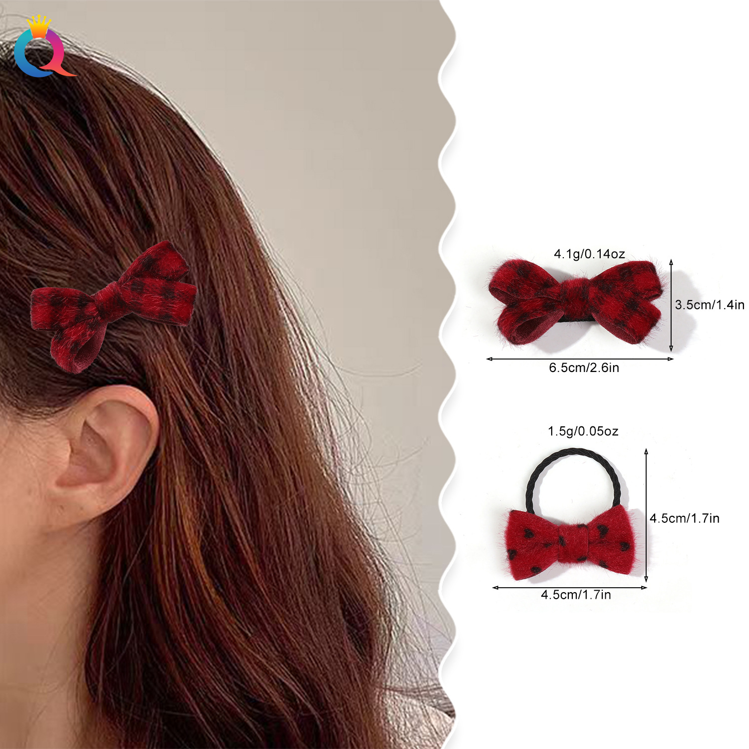 Wholesale of Qiyue plush bow hair tie hair clips, heart-shaped leopard print duckbill clips, high school elastic rubber band hair ties and hair accessories details Picture