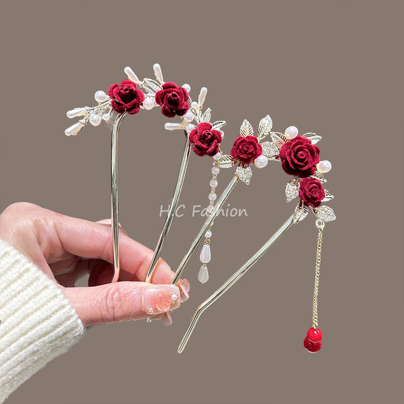 New Chinese-style hairpin with red rose flocking, a high-end female look, a new ancient-style tassel hairpin, a new updo hairpin headwear Specification drawing