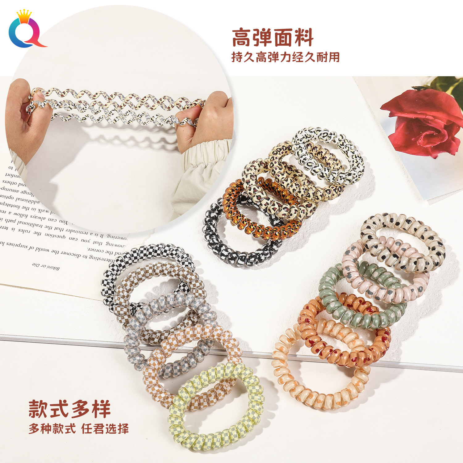 Qiyue Cross-border leopard Print telephone line hair tie, women's hair tie, high elasticity rubber band at the back of the head, hair tie and hair accessory wholesale Specification drawing
