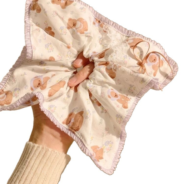 Cute little bear square scarf headband, bow tie, large intestine hair band, high-end feminine look, low ponytail hair band, Korean-style fashionable leather band Item Picture