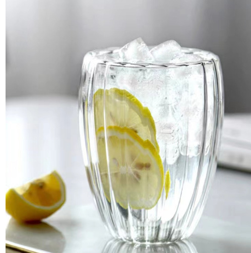Striped water cup, high borosilicate glass vertical striped double-layer cup, household double-layer heat-insulating drinking cup, juice cup, beverage cup Item Picture